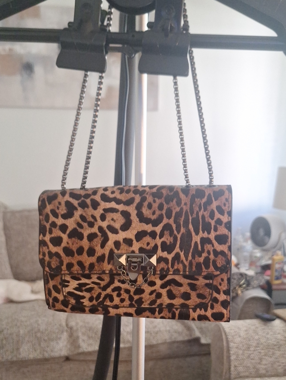 Source Unknown Leopard Print Crossbody Bag with Chain Strap - Brown & Black